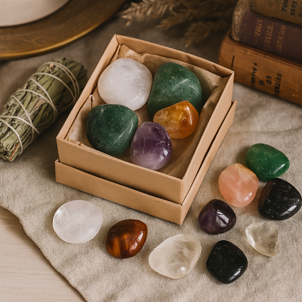 Box of multicolored crystals on a textured surface with books and a bundle of herbs.