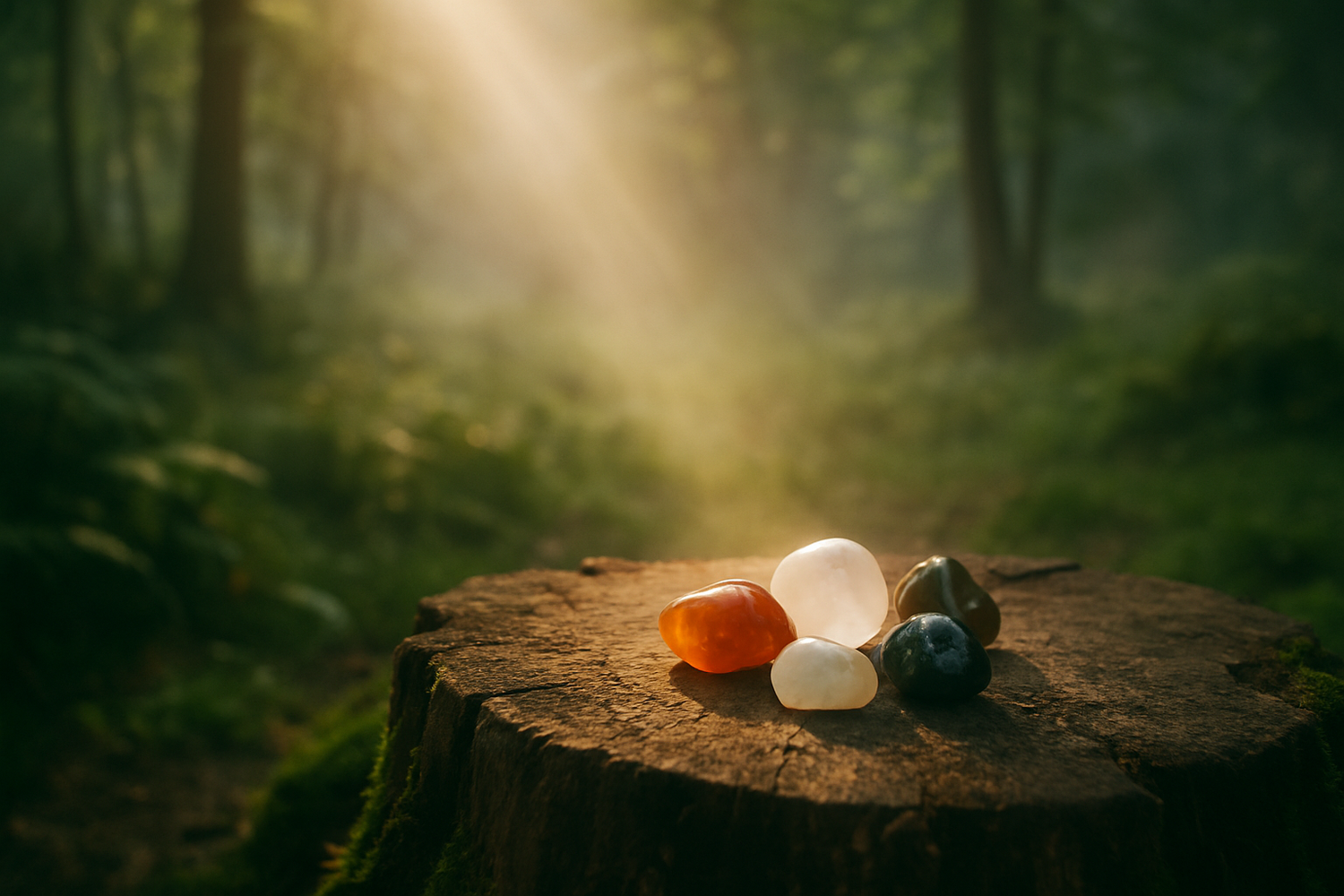 Colorful stones on a tree stump in a forest with sunlight filtering through the trees.