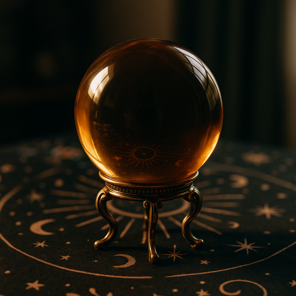 Crystal ball on a stand with astrological symbols on a dark background