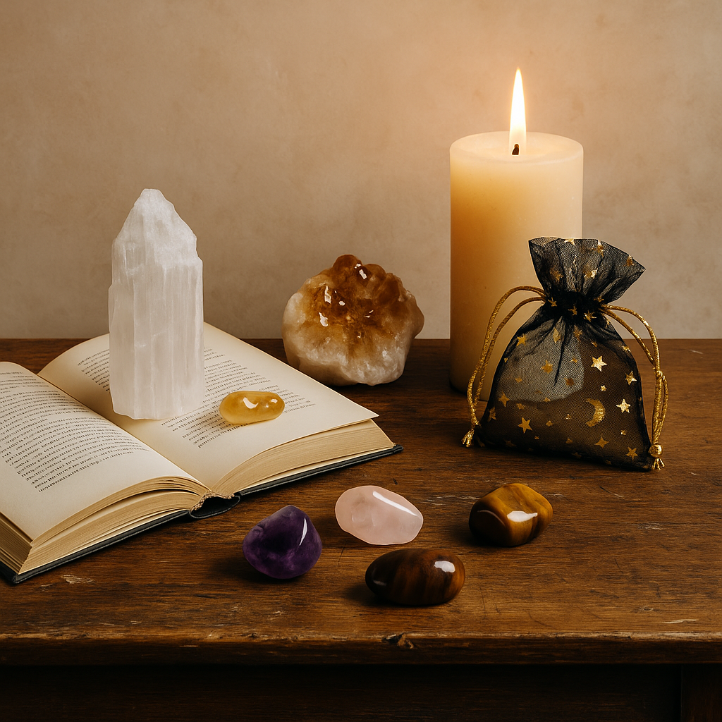 Open book with crystals, a lit candle, and a drawstring bag on a wooden surface.