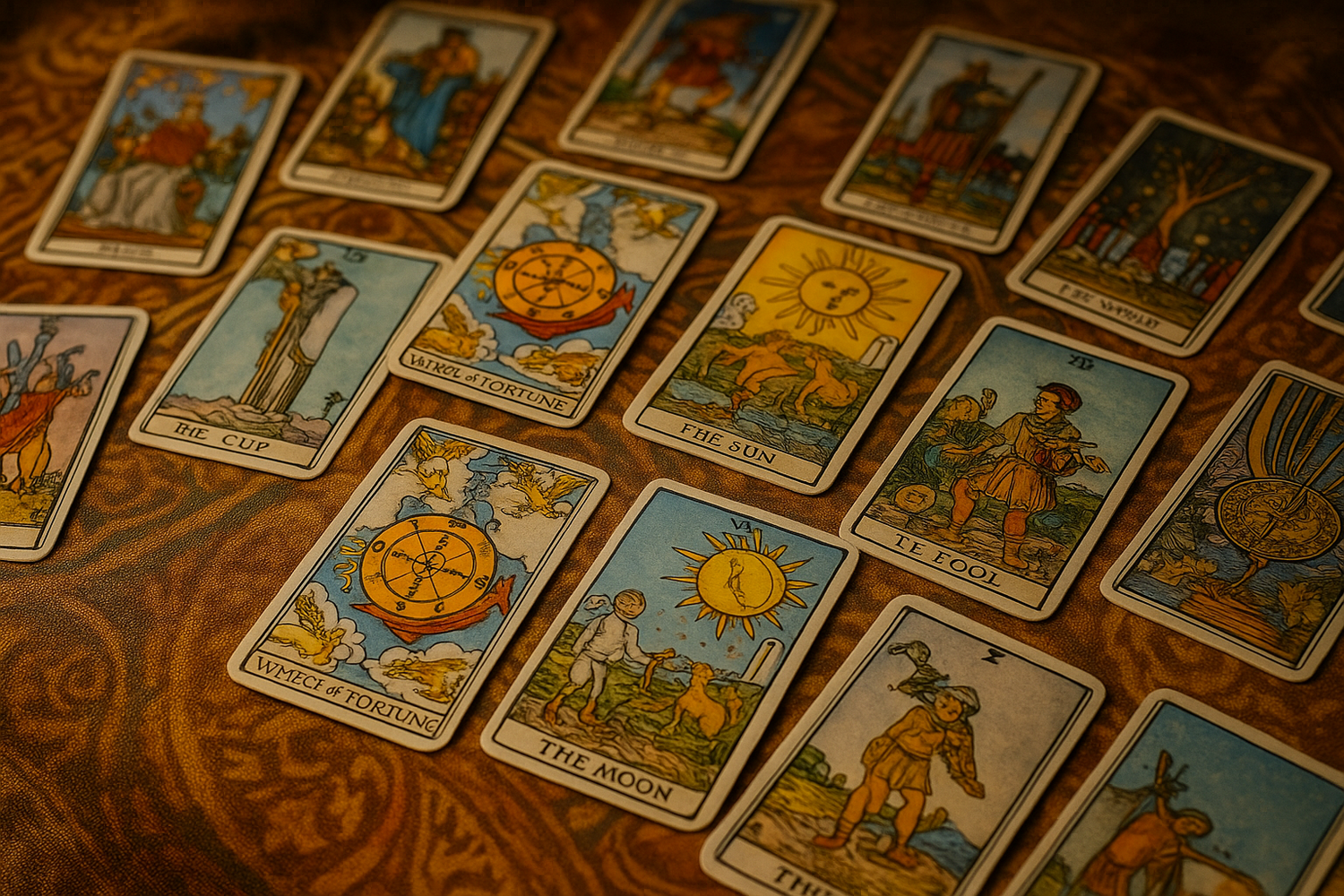 Collection of tarot cards on a wooden surface